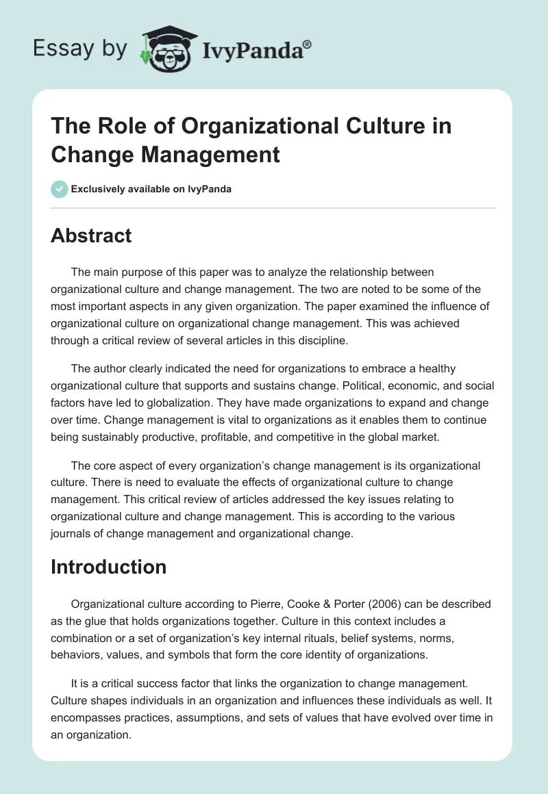 The Role of Organizational Culture in Change Management. Page 1