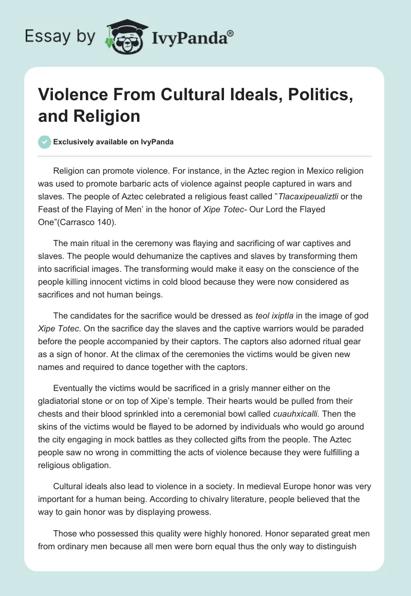 Violence From Cultural Ideals, Politics, and Religion. Page 1