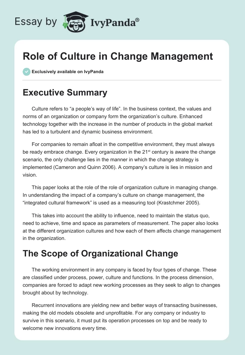 Role of Culture in Change Management. Page 1