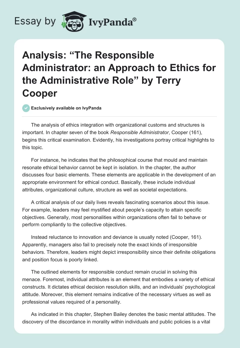 Analysis: “The Responsible Administrator: an Approach to Ethics for the Administrative Role” by Terry Cooper. Page 1