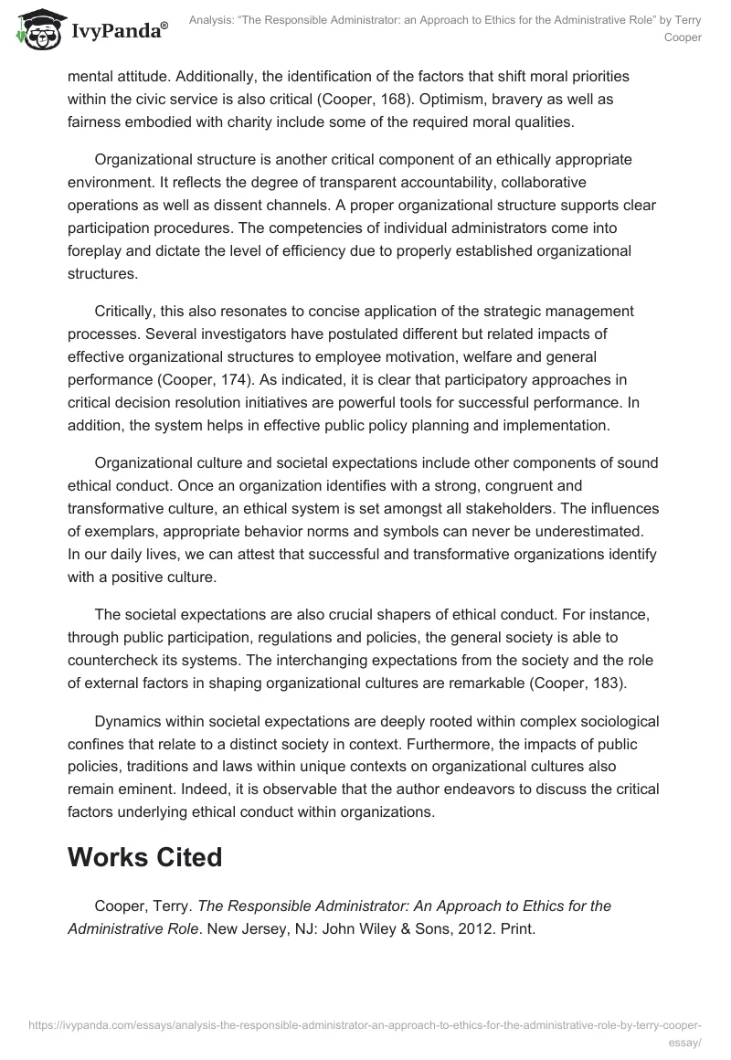 Analysis: “The Responsible Administrator: an Approach to Ethics for the Administrative Role” by Terry Cooper. Page 2