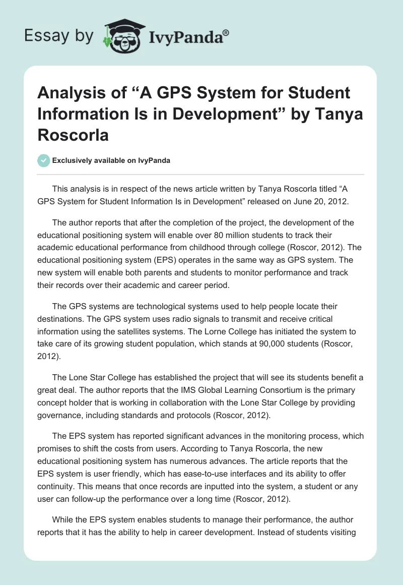 Analysis of “A GPS System for Student Information Is in Development” by Tanya Roscorla. Page 1