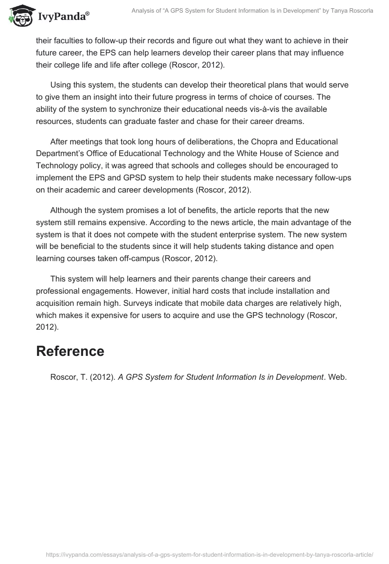 Analysis of “A GPS System for Student Information Is in Development” by Tanya Roscorla. Page 2