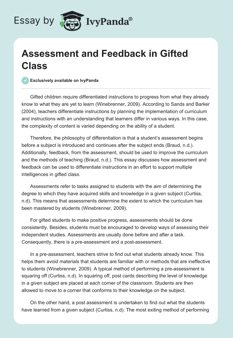 Assessment and Feedback in Gifted Class. Page 1
