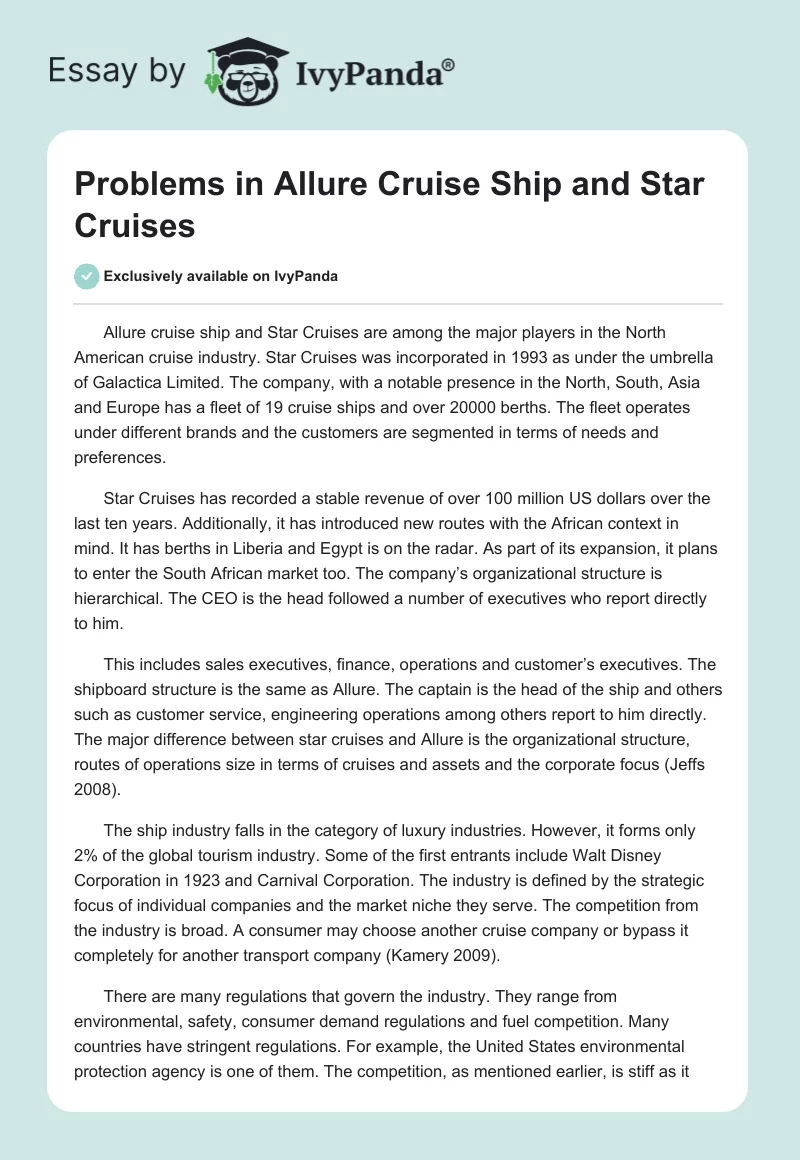 Problems in Allure Cruise Ship and Star Cruises. Page 1