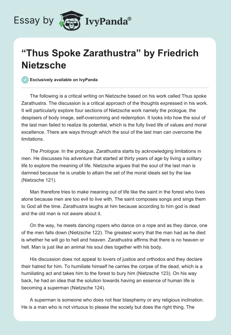 “Thus Spoke Zarathustra” by Friedrich Nietzsche. Page 1
