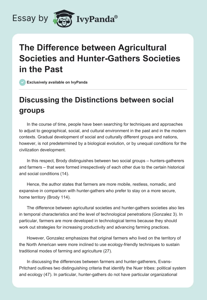 The Difference Between Agricultural Societies and Hunter-Gathers Societies in the Past. Page 1