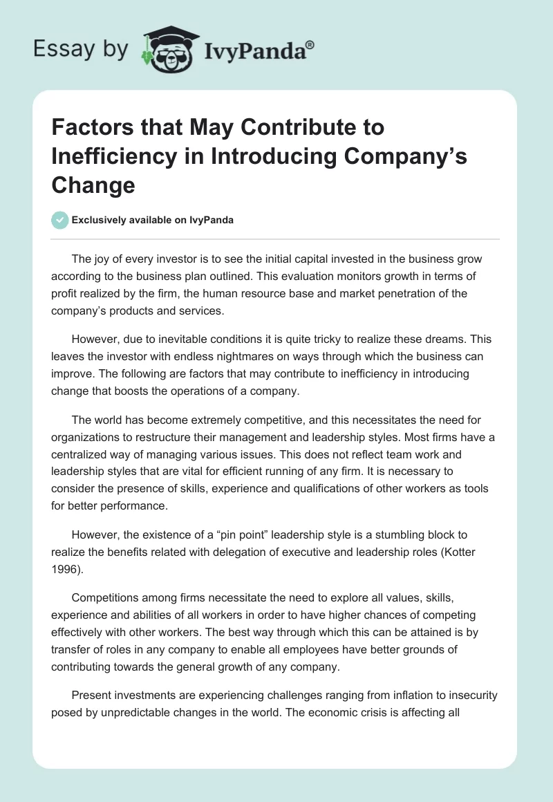 Factors that May Contribute to Inefficiency in Introducing Company’s Change. Page 1