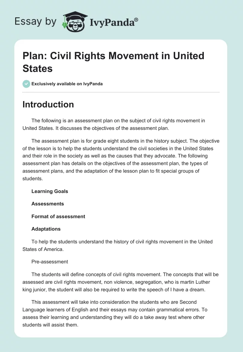 Plan: Civil Rights Movement in United States. Page 1