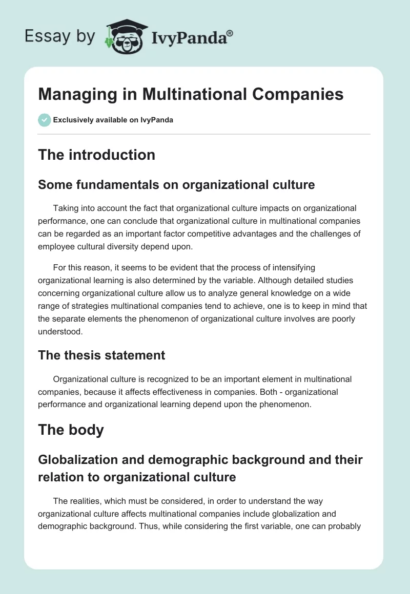 Managing in Multinational Companies. Page 1