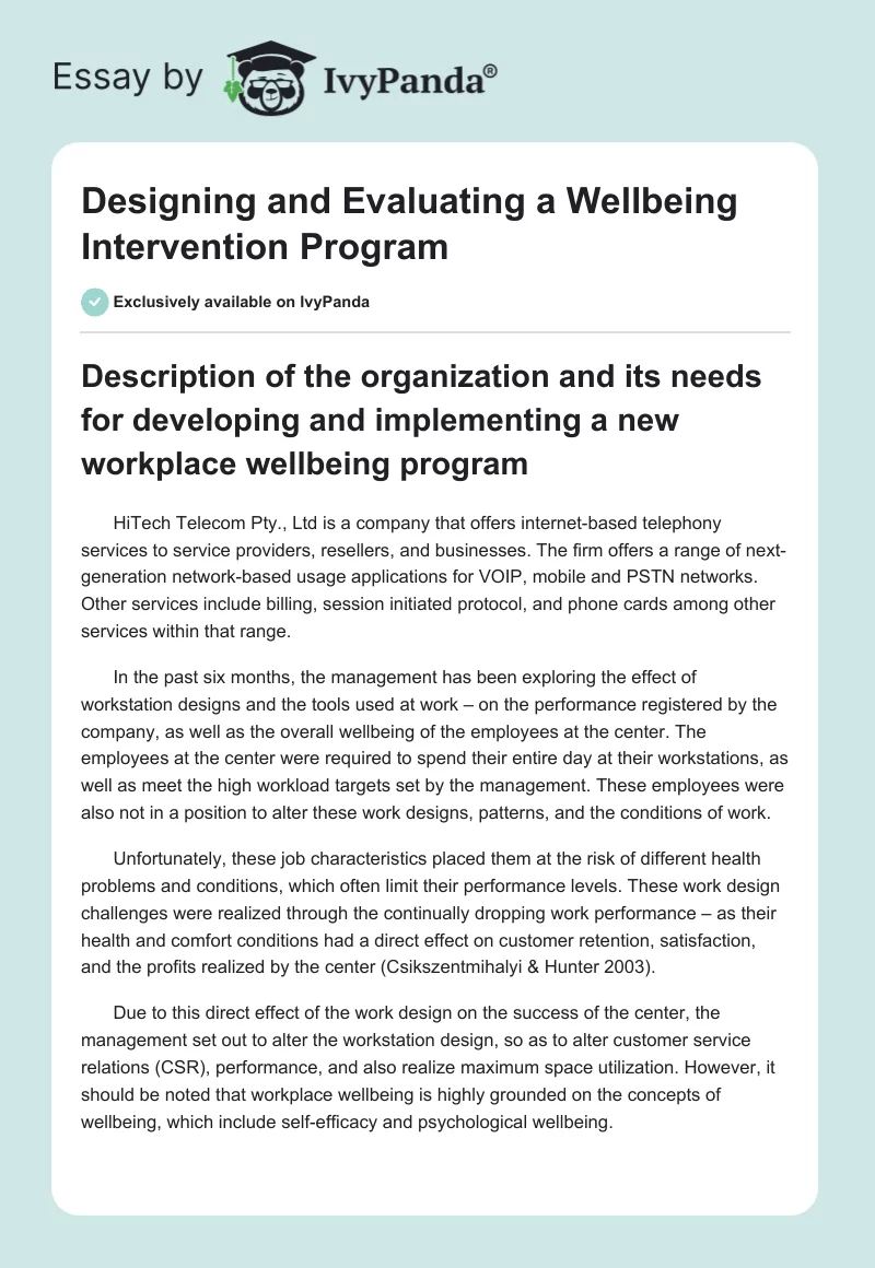 Designing and Evaluating a Wellbeing Intervention Program. Page 1