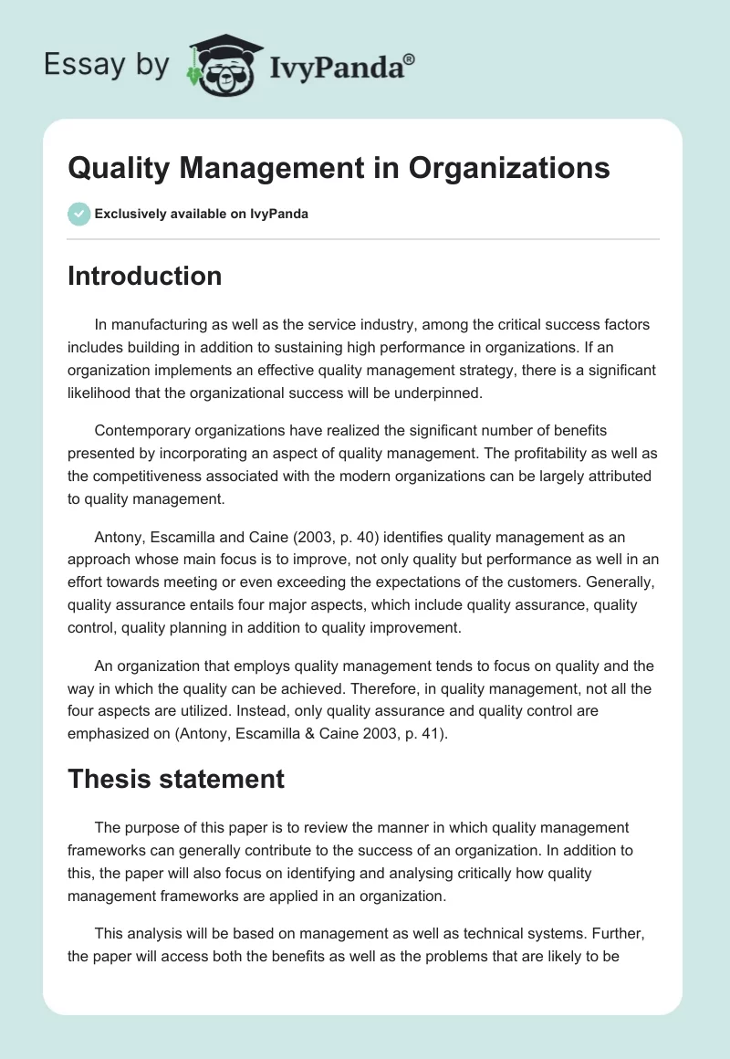 Quality Management in Organizations. Page 1