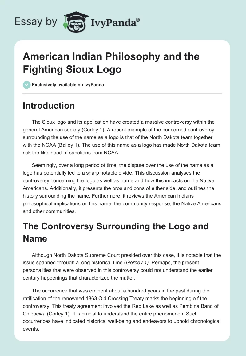 American Indian Philosophy and the Fighting Sioux Logo. Page 1