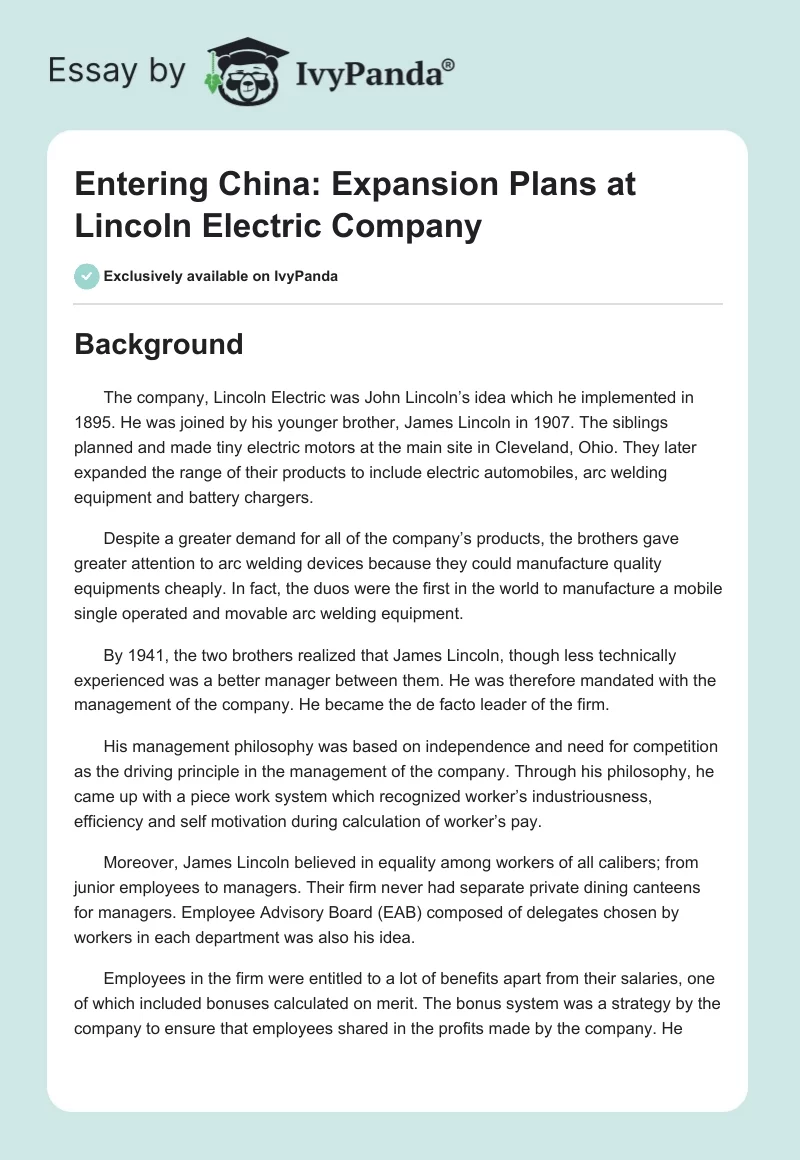 Entering China: Expansion Plans at Lincoln Electric Company. Page 1