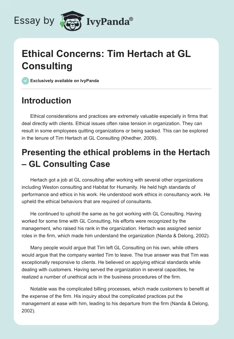 Ethical Concerns: Tim Hertach at GL Consulting. Page 1