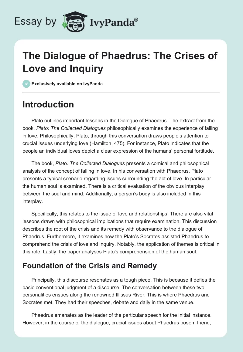 The Dialogue of Phaedrus: The Crises of Love and Inquiry. Page 1