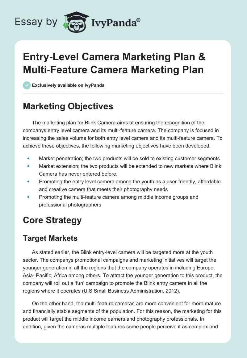 Entry-Level Camera Marketing Plan & Multi-Feature Camera Marketing Plan. Page 1