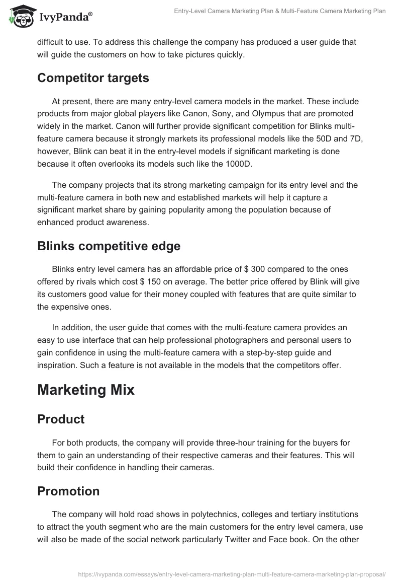 Entry-Level Camera Marketing Plan & Multi-Feature Camera Marketing Plan. Page 2