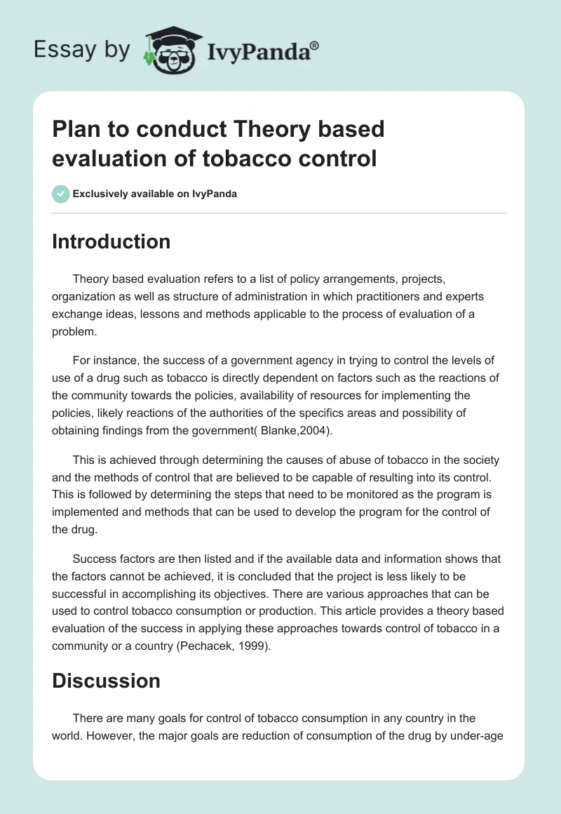 Plan to conduct Theory based evaluation of tobacco control. Page 1