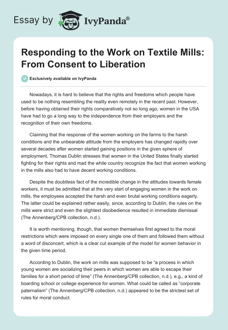 Responding to the Work on Textile Mills: From Consent to Liberation. Page 1