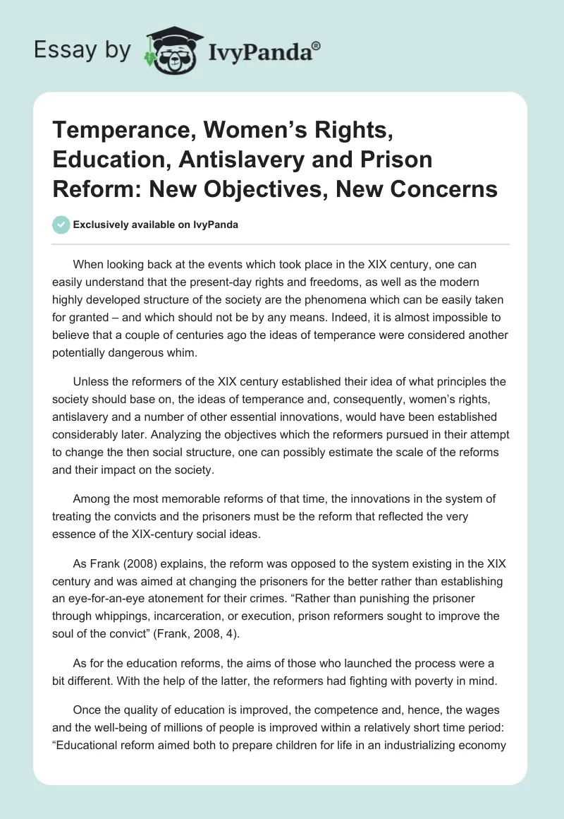 Temperance, Women’s Rights, Education, Antislavery and Prison Reform: New Objectives, New Concerns. Page 1