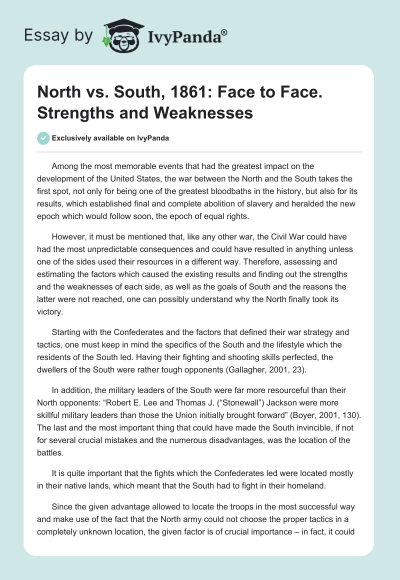 North vs. South, 1861: Face to Face. Strengths and Weaknesses. Page 1