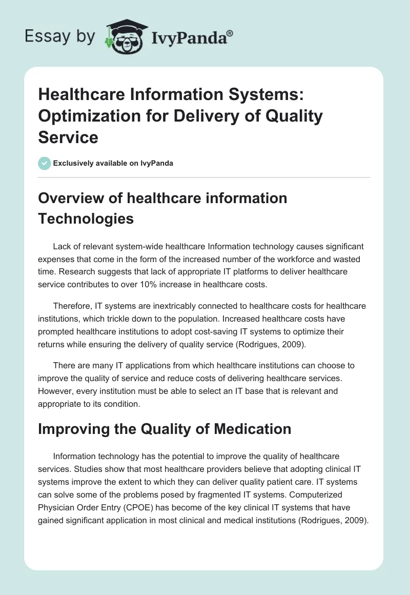 Healthcare Information Systems: Optimization for Delivery of Quality Service. Page 1