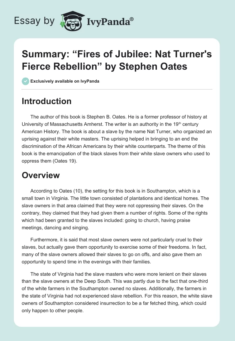 Summary: “Fires of Jubilee: Nat Turner's Fierce Rebellion” by Stephen Oates. Page 1