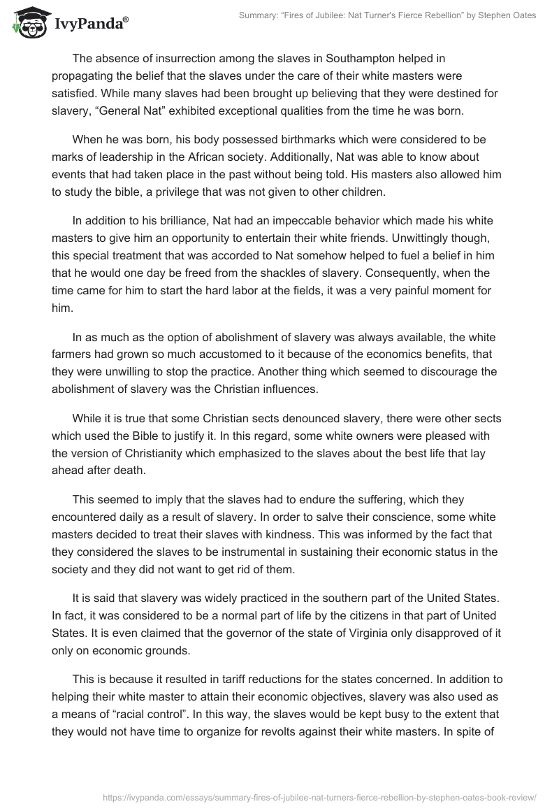 Summary: “Fires of Jubilee: Nat Turner's Fierce Rebellion” by Stephen Oates. Page 2