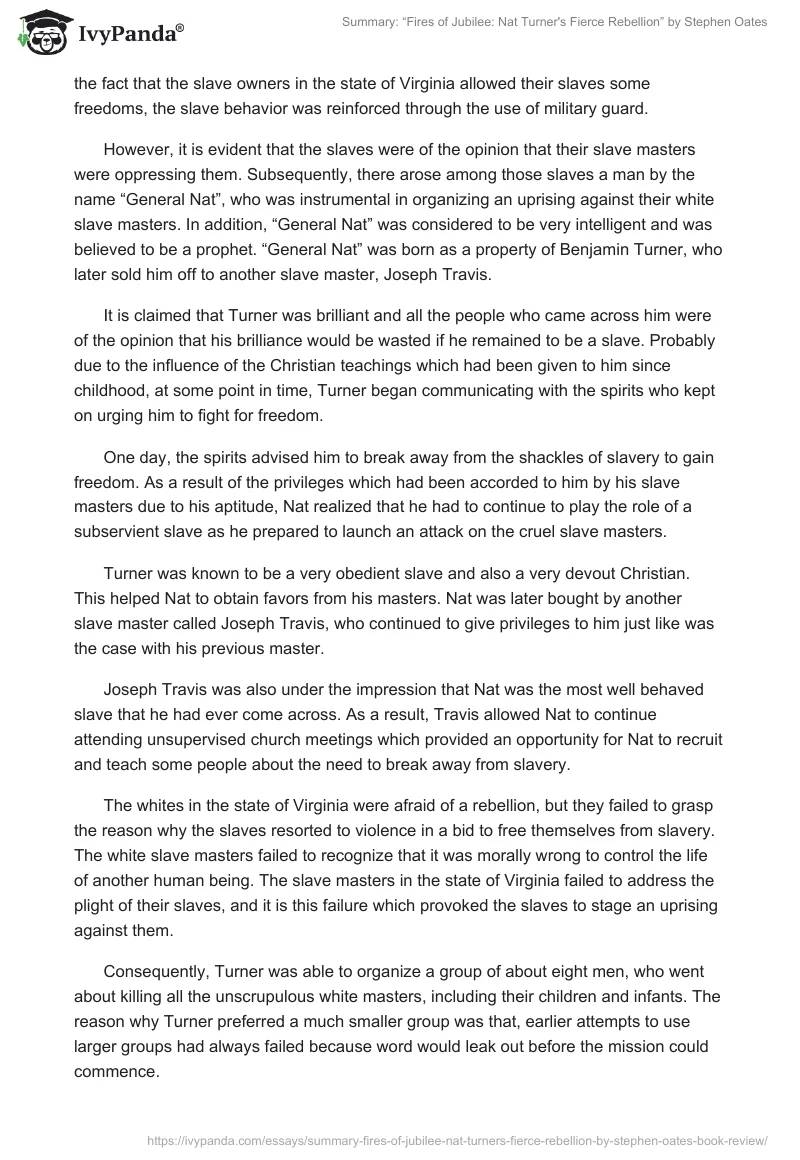 Summary: “Fires of Jubilee: Nat Turner's Fierce Rebellion” by Stephen Oates. Page 3