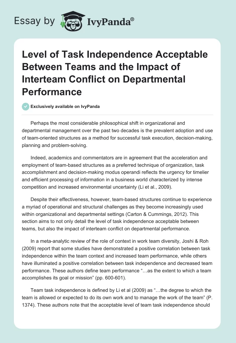 Level of Task Independence Acceptable Between Teams and the Impact of Interteam Conflict on Departmental Performance. Page 1