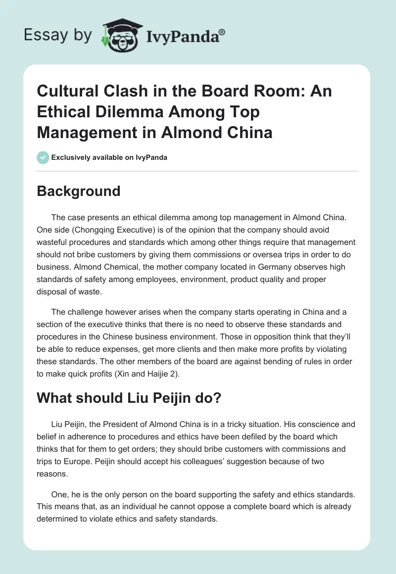 Cultural Clash in the Board Room: An Ethical Dilemma Among Top Management in Almond China. Page 1