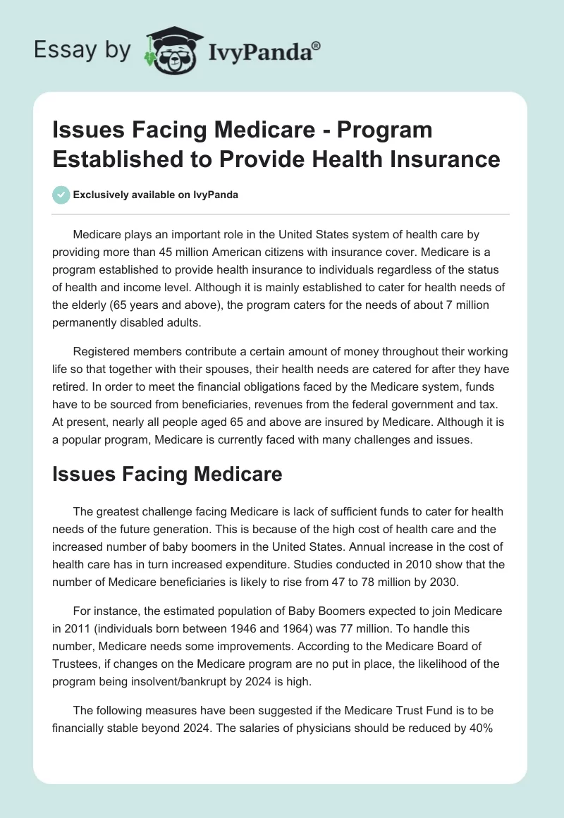 Issues Facing Medicare - Program Established to Provide Health Insurance. Page 1