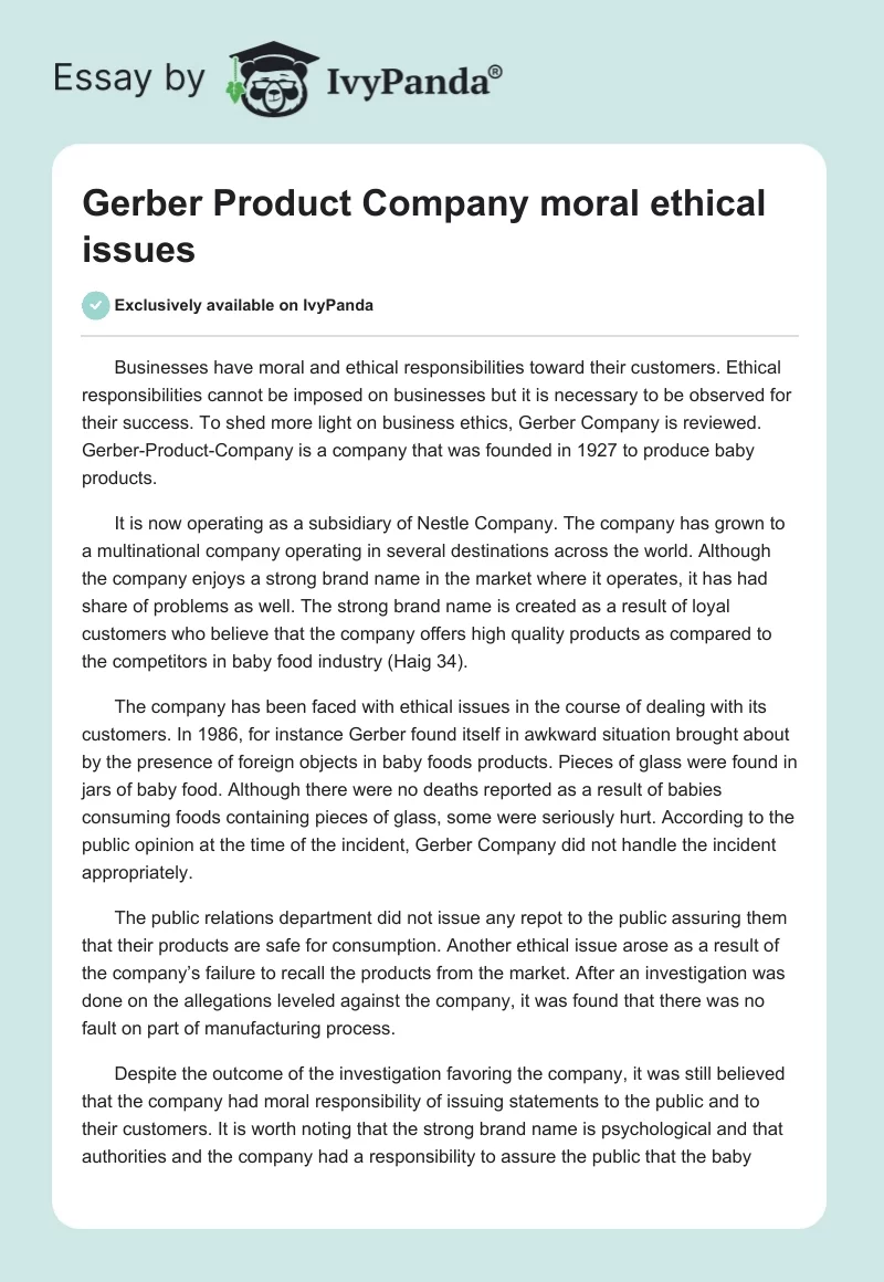 Gerber Product Company moral ethical issues. Page 1