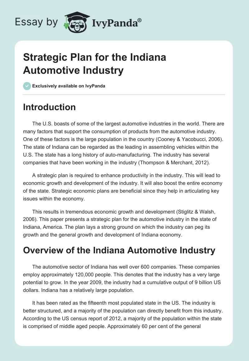 Strategic Plan for the Indiana Automotive Industry. Page 1