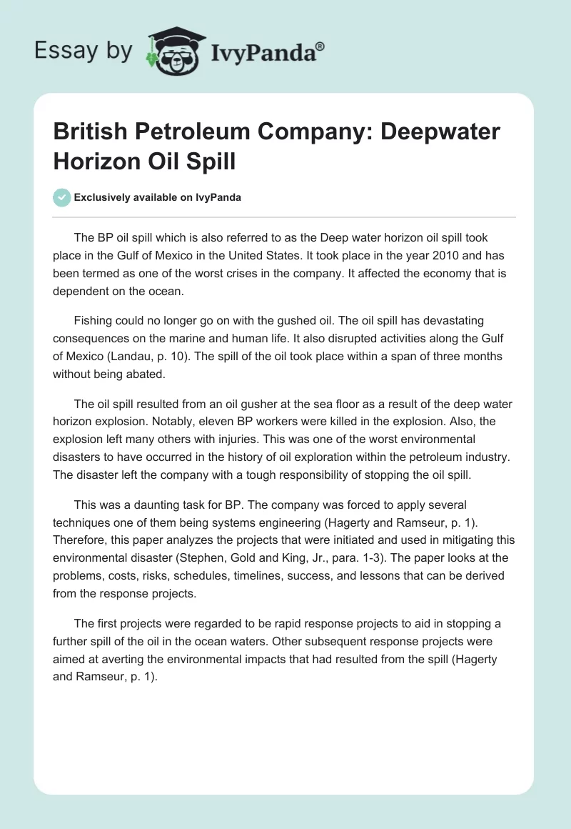 British Petroleum Company: Deepwater Horizon Oil Spill. Page 1