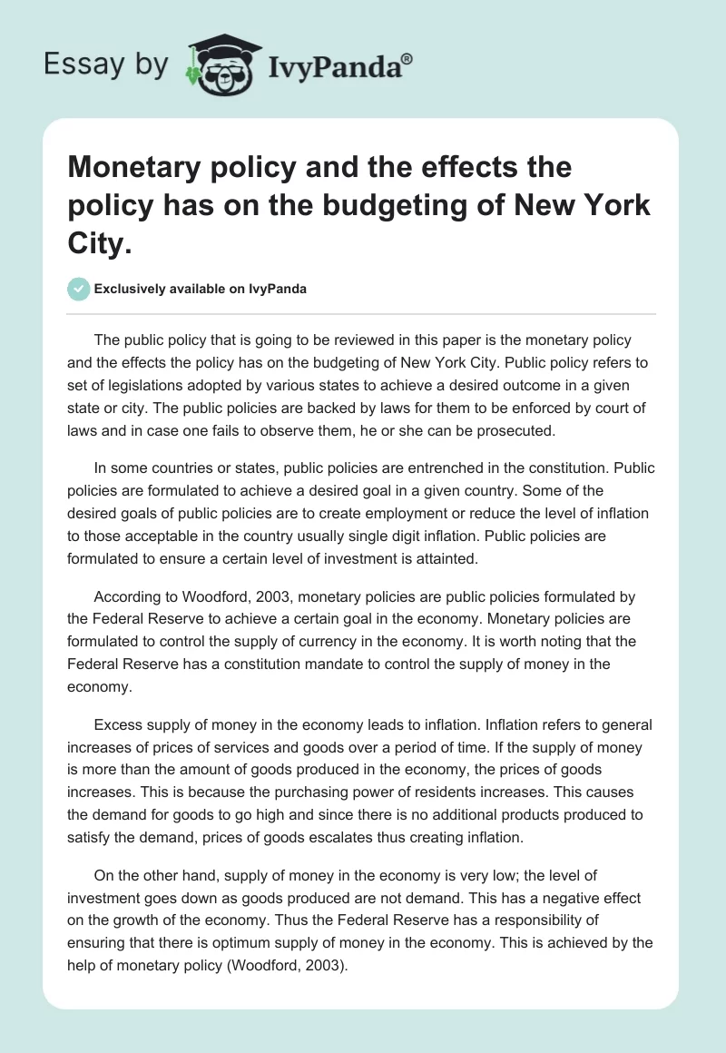 Monetary policy and the effects the policy has on the budgeting of New York City.. Page 1