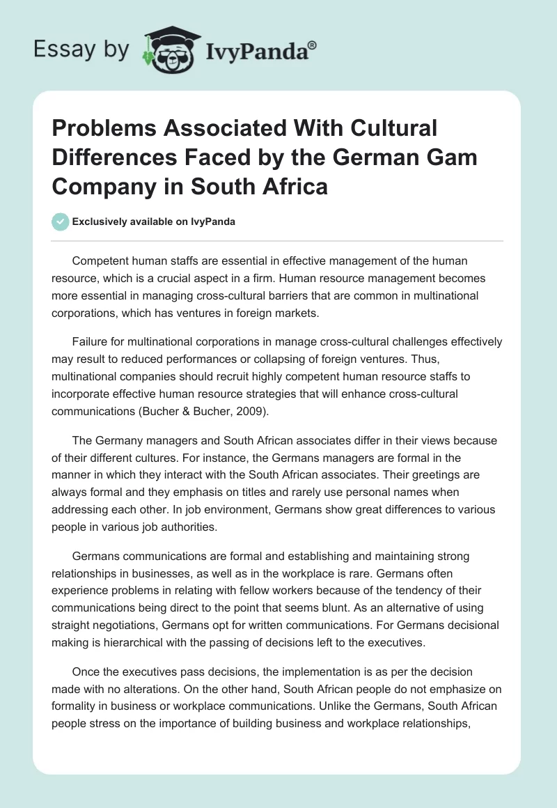 Problems Associated With Cultural Differences Faced by the German Gam Company in South Africa. Page 1