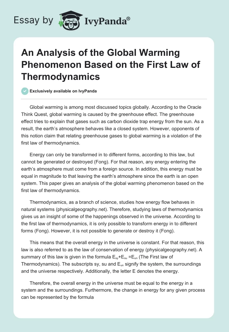 An Analysis of the Global Warming Phenomenon Based on the First Law of Thermodynamics. Page 1