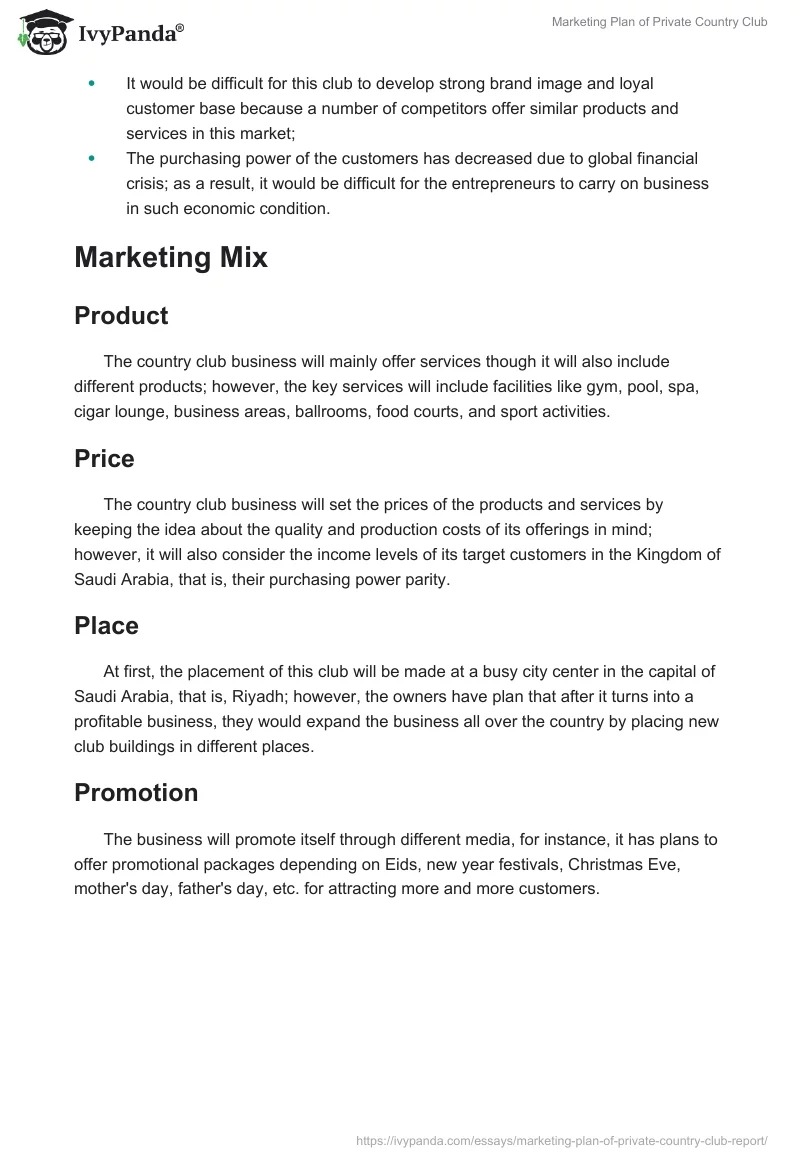 Marketing Plan of Private Country Club. Page 3