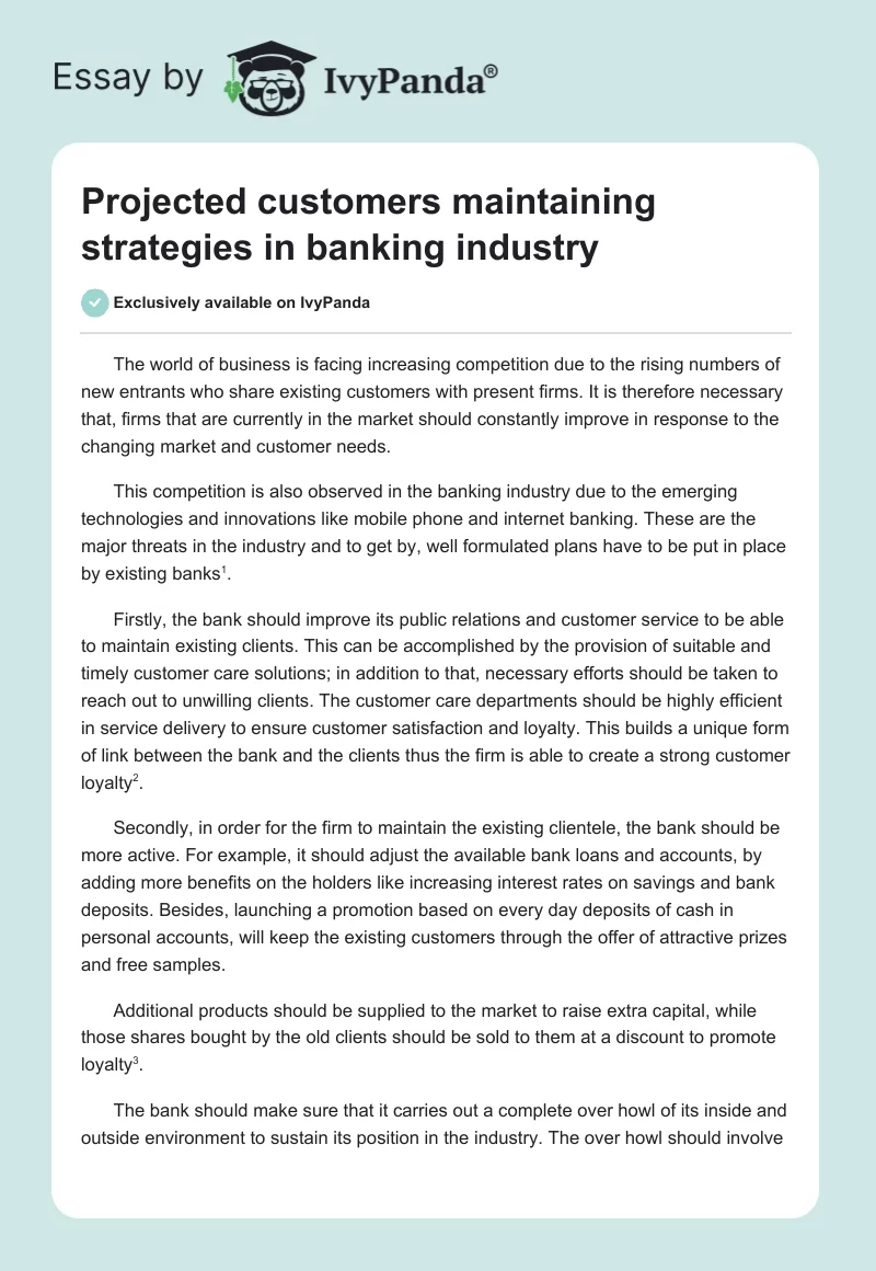 Projected Customers Maintaining Strategies in Banking Industry. Page 1