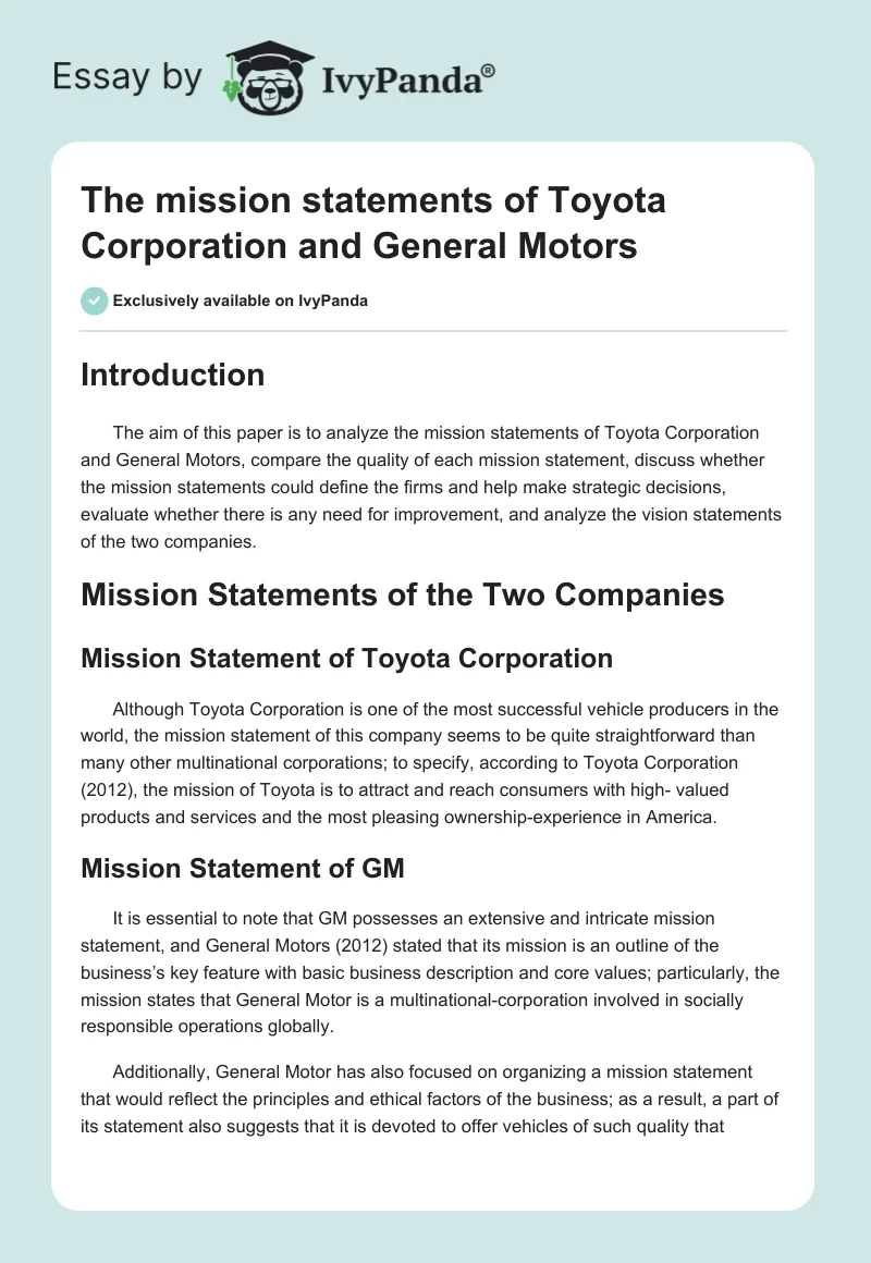 The Mission Statements of Toyota Corporation and General Motors. Page 1