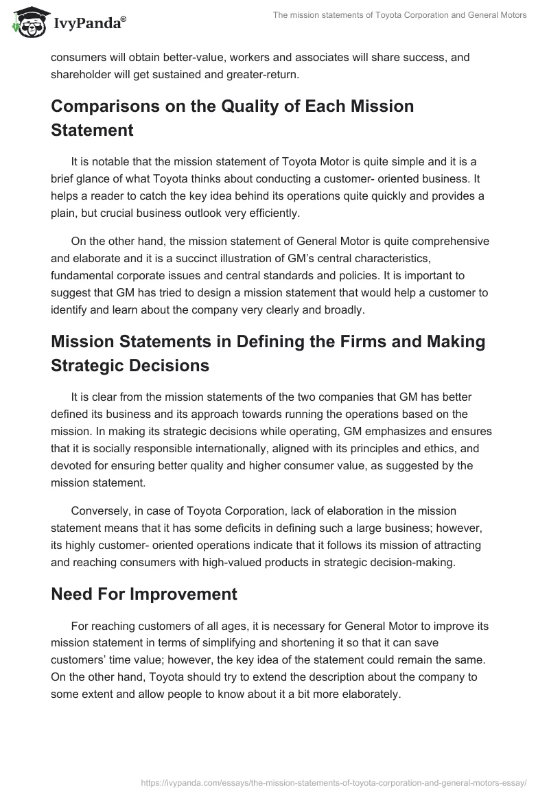 The Mission Statements of Toyota Corporation and General Motors. Page 2