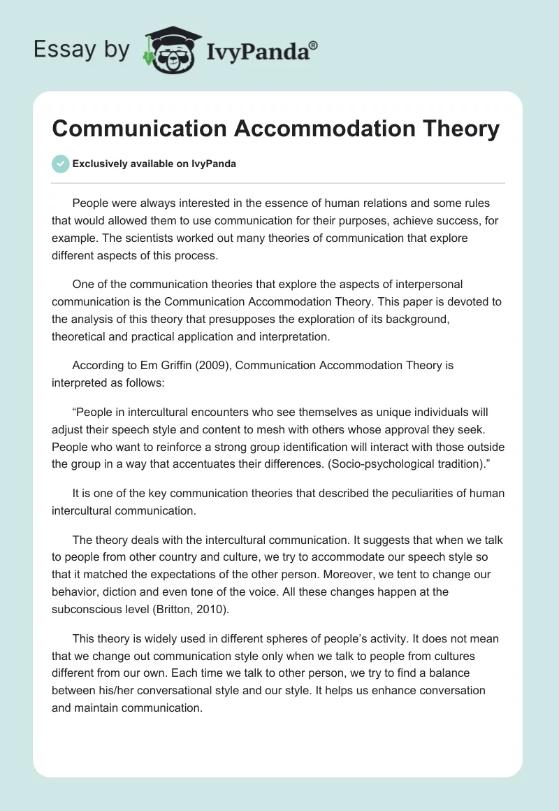 Communication Accommodation Theory. Page 1