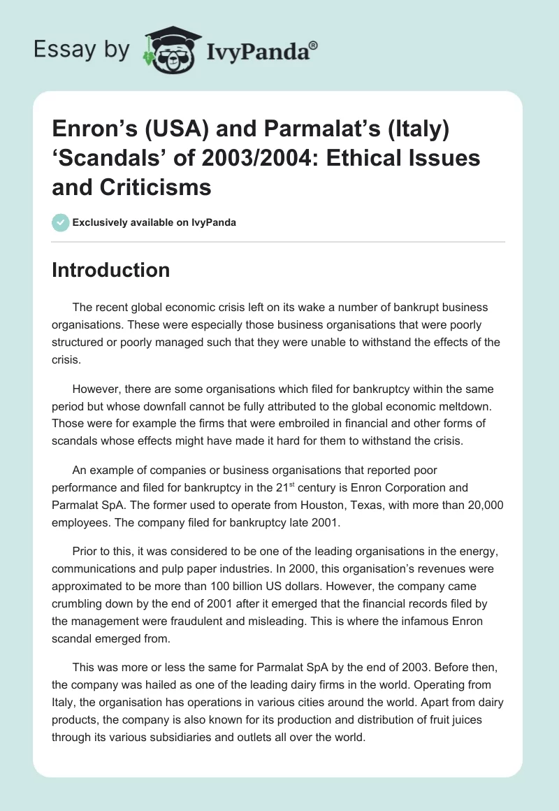 Enron’s (USA) and Parmalat’s (Italy) ‘Scandals’ of 2003/2004: Ethical Issues and Criticisms. Page 1