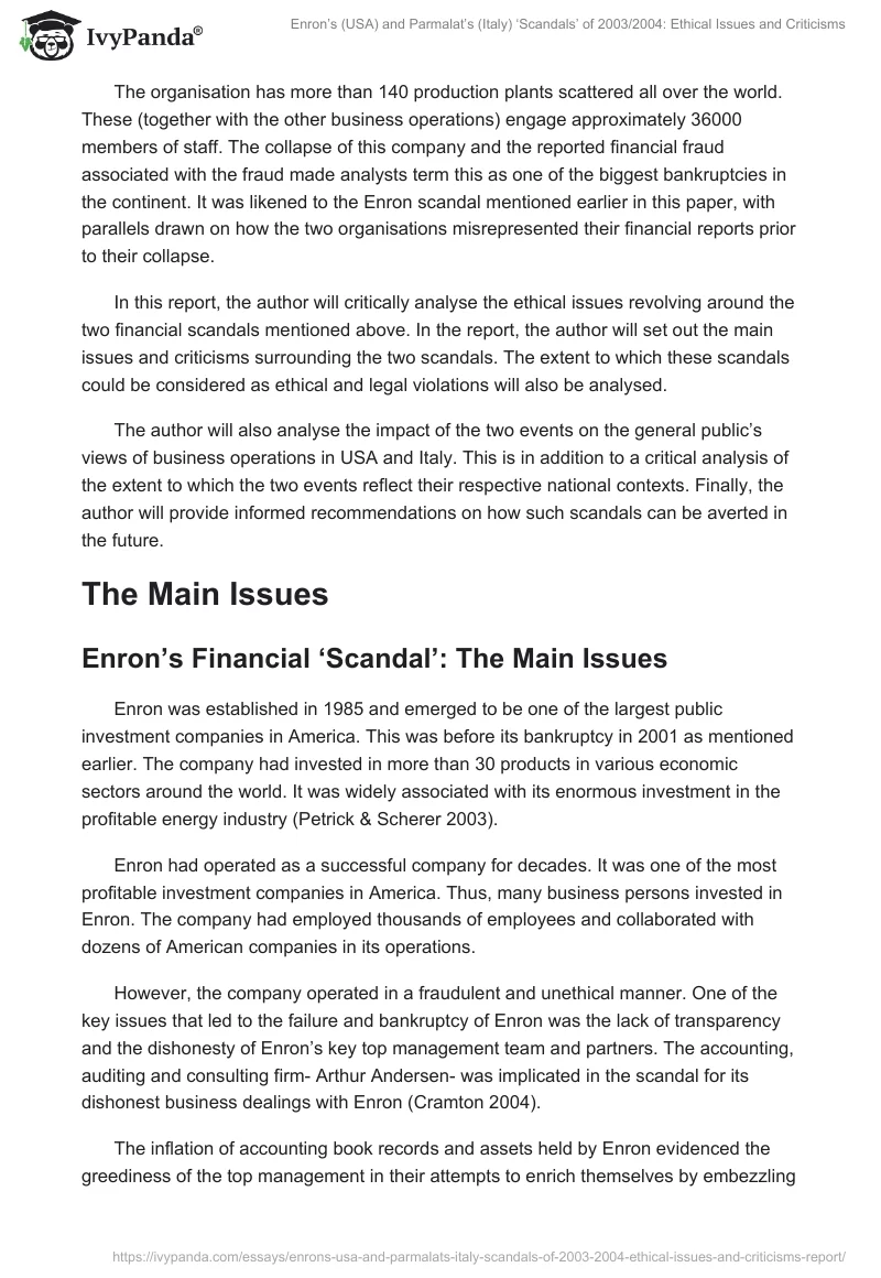 Enron’s (USA) and Parmalat’s (Italy) ‘Scandals’ of 2003/2004: Ethical Issues and Criticisms. Page 2