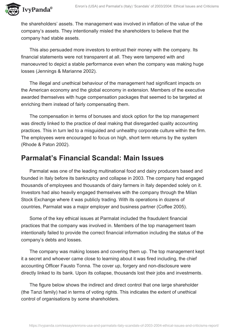 Enron’s (USA) and Parmalat’s (Italy) ‘Scandals’ of 2003/2004: Ethical Issues and Criticisms. Page 3