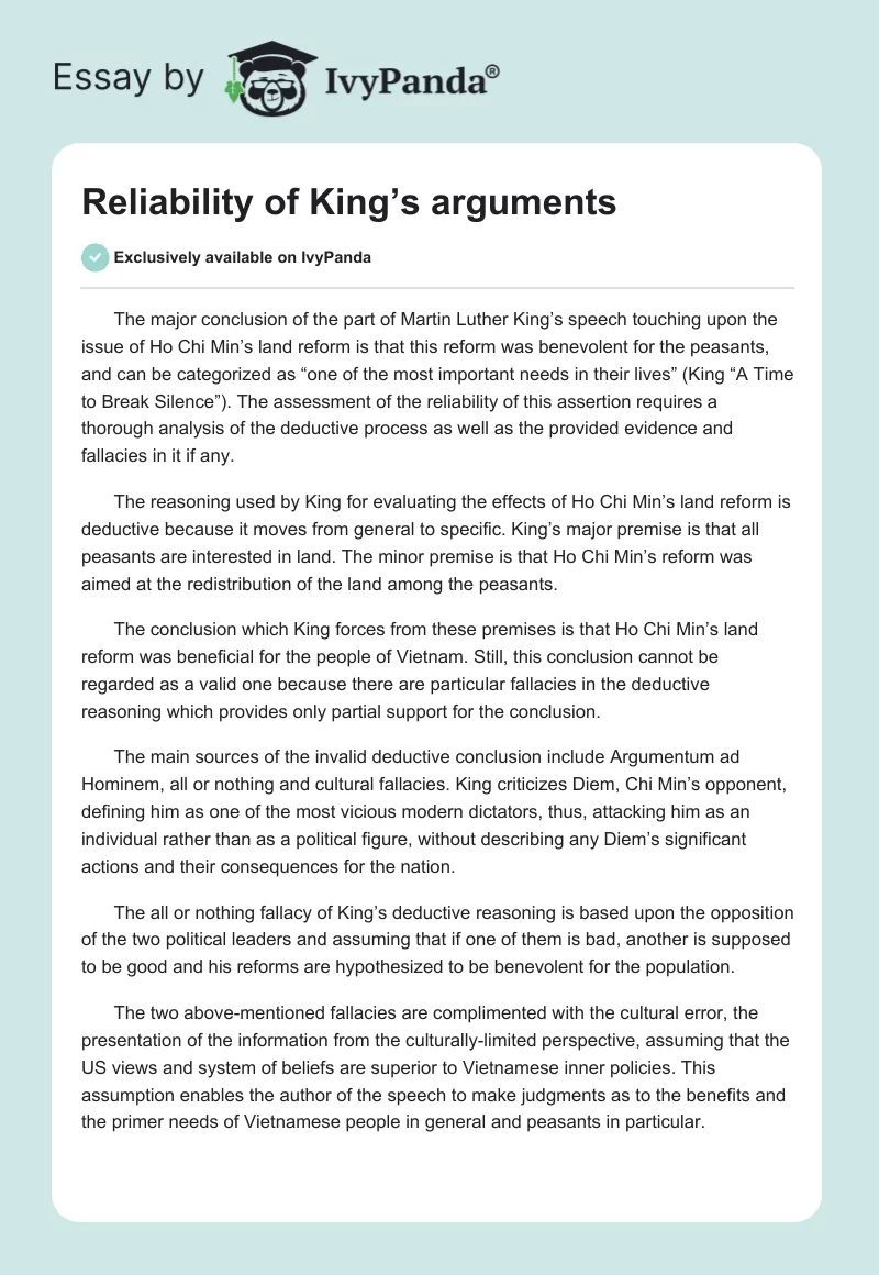 Reliability of King’s arguments. Page 1