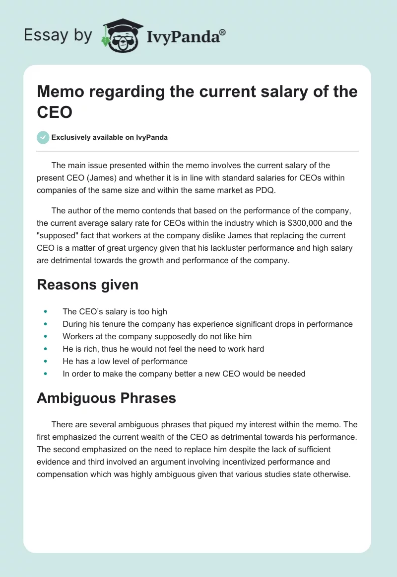 Memo regarding the current salary of the CEO. Page 1