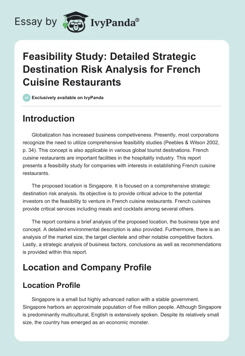 Feasibility Study: Detailed Strategic Destination Risk Analysis for French Cuisine Restaurants. Page 1